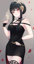 Rule 34 | 1girl, absurdres, alcohol, bare shoulders, black dress, black hair, black thighhighs, breasts, champagne, champagne flute, cleavage, closed mouth, cowboy shot, cup, dress, drink, drinking glass, flower, gradient background, hair flower, hair ornament, hairband, highres, holding, holding cup, holding weapon, looking at viewer, medium breasts, petals, red eyes, rose, shano hiyori, short hair with long locks, sidelocks, simple background, sleeveless, sleeveless dress, smile, solo, spy x family, thighhighs, two-sided dress, two-sided fabric, waist cape, weapon, yellow flower, yellow hairband, yellow rose, yor briar, zettai ryouiki