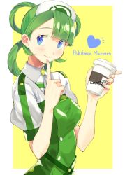 Rule 34 | 1girl, asymmetrical bangs, blue eyes, blush, breasts, copyright name, creatures (company), cup, disposable cup, finger to mouth, fujie-yz, game freak, green eyes, hair rings, hat, heart, highres, holding, holding cup, index finger raised, medium breasts, nintendo, pokemon, pokemon masters ex, short sleeves, simple background, smile, solo, star (symbol), trinnia (pokemon), two-tone background, upper body, white hat