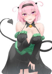 1girl absurdres azur_lane bare_shoulders black_dress black_hairband blush breasts commentary_request demon_girl demon_tail detached_sleeves dress frilled_dress frills green_dress hair_between_eyes hairband hand_up heart heart_tail highres large_breasts looking_at_viewer momo_velia_deviluke nori_aji open_mouth partial_commentary pink_hair purple_eyes short_hair simple_background smile solo tail to_love-ru to_love-ru_darkness two-tone_dress white_background