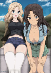 Rule 34 | 2girls, :d, aoshidan school uniform, arms behind back, belt, black shirt, blonde hair, blue eyes, blue shirt, blue shorts, blue sky, blush, breast pocket, breasts, brown hair, brown jacket, cleavage, closed mouth, cloud, collared shirt, commentary request, dark-skinned female, dark skin, day, denim, denim shorts, girls und panzer, green skirt, hands on own thighs, inoshira, jacket, kay (girls und panzer), large breasts, leaning forward, long hair, long sleeves, multiple girls, navel, no bra, open clothes, open jacket, open mouth, outdoors, parted bangs, pocket, school uniform, shirt, short shorts, short sleeves, shorts, skirt, sky, smile, standing, thigh gap, thighhighs, viridiana (girls und panzer), white legwear