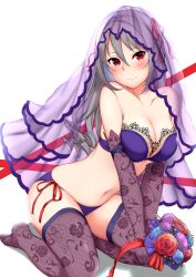 Rule 34 | 10s, 1girl, absurdres, adapted costume, bare shoulders, bikini, blush, bouquet, breasts, bridal veil, bride, cleavage, commentary request, elbow gloves, fishnet gloves, fishnet thighhighs, fishnets, floral print, flower, gloves, gothic lolita, hair down, highres, idolmaster, idolmaster cinderella girls, kanzaki ranko, kneeling, lace, lace-trimmed bikini, lace trim, lolita fashion, long hair, looking at viewer, no shoes, oogatazin, print gloves, print thighhighs, red eyes, silver hair, simple background, smile, solo, swimsuit, thighhighs, veil
