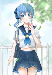 Rule 34 | 1girl, bag, blue eyes, blue hair, blue skirt, blush, breasts, eyelashes, hair between eyes, hair ornament, handbag, highres, holding, hololive, hoshimachi suisei, open mouth, ribbon, school uniform, side ponytail, skirt, small breasts, solo, star-shaped pupils, star (symbol), suika07hosino, symbol-shaped pupils, symbol in eye, thighs, tree, virtual youtuber, wind