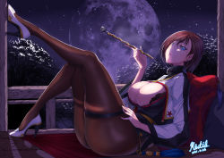 Rule 34 | 1girl, absurdres, black bra, blue eyes, bra, breasts, brown hair, brown pantyhose, carpet, cleavage, commentary request, crossed legs, dated, full body, full moon, hanbok, high heels, highres, holding, korean clothes, lace, lace-trimmed bra, lace trim, large breasts, leg up, long sleeves, looking at viewer, lying, mole, mole under eye, moon, night, on back, original, outdoors, pantyhose, parted bangs, parted lips, pointy ears, railing, rantia, shaded face, shadow, short hair, shrug (clothing), signature, sky, smoking, smoking pipe, solo, star (sky), starry sky, tassel, thighs, tree, underwear, white footwear, wooden floor