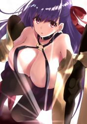 Rule 34 | 1girl, bare shoulders, black pantyhose, breasts, claws, cleavage, fate/extra, fate/extra ccc, fate (series), hair ribbon, highres, large breasts, long hair, o-ring, o-ring top, pantyhose, parted lips, passionlip (fate), purple hair, red eyes, red ribbon, revealing clothes, ribbon, shunichi, solo, sunburst, very long hair