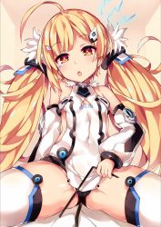 Rule 34 | 1girl, :o, ahoge, azur lane, black panties, blonde hair, breasts, character name, covered navel, detached sleeves, eldridge (azur lane), facial mark, half-closed eyes, highres, leotard, long hair, looking at viewer, low twintails, md5 mismatch, open mouth, panties, pelvic curtain, resolution mismatch, sidelocks, small breasts, solo, spread legs, tail, thighhighs, thighs, twintails, unacchi (nyusankin), underwear, very long hair, white thighhighs, yellow eyes
