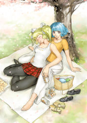 Rule 34 | 2girls, alcohol, barefoot, beer, blonde hair, blue hair, camisole, can, drunk, fashion, feet, garex, multiple girls, off shoulder, pantyhose, picnic, short hair, sleepy, tree, twintails