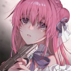Rule 34 | 1girl, attempted suicide, braid, crying, crying with eyes open, detached sleeves, dorothy (nikke), dress, game cg, goddess of victory: nikke, gun, hair bun, holding, holding gun, holding weapon, long hair, long sleeves, non-web source, off-shoulder dress, off shoulder, official art, pink hair, purple eyes, simple background, spoilers, tears, third-party source, very long hair, wavy hair, weapon, white dress