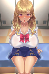 Rule 34 | 1girl, ahoge, blonde hair, blue skirt, blurry, blurry background, blush, bow, bowtie, bracelet, breasts, checkered floor, cleavage, collarbone, collared shirt, commentary, covered erect nipples, cowboy shot, dress shirt, eyelashes, furrowed brow, highres, holding, holding own hair, indoors, jewelry, large breasts, locker, locker room, long sleeves, looking at viewer, medium hair, miniskirt, nijisanji, official alternate costume, open mouth, purple eyes, red bow, red bowtie, school uniform, shirt, sitting, skirt, solo, sweat, swept bangs, takamiya rion, takamiya rion (7th costume), thighs, tongue, veryhardloco, virtual youtuber, white shirt, wing collar