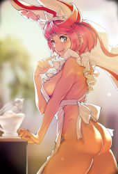 Rule 34 | 1girl, animal ears, apron, arc system works, ass, bare arms, bare shoulders, blue eyes, breasts, bridal veil, clover, elphelt valentine, fake animal ears, four-leaf clover, guilty gear, guilty gear xrd, highres, koda1ra, large breasts, naked apron, rabbit ears, short hair, solo, thighs, veil