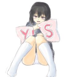 Rule 34 | 1girl, :d, blush, brown hair, come hither, isaki (gomi), looking at viewer, hugging object, open mouth, panties, pillow, pillow hug, pink eyes, ribbed sweater, shameimaru aya, short hair, sitting, sketch, smile, socks, solo, sweater, touhou, underwear, white panties, white socks, yes, yes-no pillow