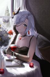 Rule 34 | 1girl, alternate costume, bare shoulders, black choker, black dress, black gloves, blush, breasts, candle, cheek rest, choker, cleavage, closed mouth, commentary request, dress, flower, gem, genshin impact, gloves, hair ornament, highres, isobe47, lace, lace gloves, long hair, looking at viewer, medium breasts, menu, red flower, red gemstone, red rose, rose, shenhe (genshin impact), sitting, sleeveless, sleeveless dress, smile, solo, spaghetti strap, table, tassel, tassel hair ornament, upper body, white flower, white hair, white rose
