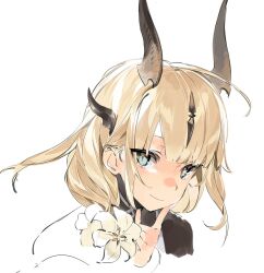 Rule 34 | 1girl, arknights, blonde hair, blue eyes, closed mouth, cropped torso, dragon horns, finger to cheek, flower, hair flower, hair ornament, highres, horns, ierotak, index finger raised, lily (flower), long hair, looking at viewer, reed (arknights), reed the flame shadow (arknights), simple background, smile, solo, upper body, white background, white flower