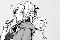 Rule 34 | 1girl, backpack, bag, blush, braid, commentary request, dungeon meshi, eating, elf, from side, greyscale, hand up, holding, hungry clicker, long hair, marcille donato, monochrome, notice lines, parted bangs, pointy ears, polka dot, polka dot background, robe, solo, wide-eyed