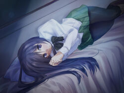 1girl artist_request black_bow black_bowtie black_hair black_pantyhose bow bowtie brown_footwear burn_scar closed_mouth crying crying_with_eyes_open game_cg green_skirt ikezawa_hanako katawa_shoujo long_hair lying non-web_source official_art on_bed on_side pantyhose pillow purple_eyes scar scar_on_face scar_on_hand school_uniform shirt skirt solo tears white_shirt yamaku_high_school_uniform