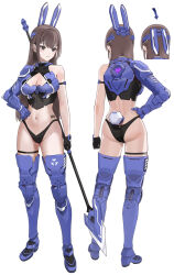 Rule 34 | 1girl, animal ears, armor, armored boots, arrow (symbol), ass, barcode, bikini armor, black panties, boots, breasts, brown hair, cleavage, fake animal ears, full body, groin, hand on own hip, highres, holding, holding polearm, holding weapon, kfr, long hair, medium breasts, multiple views, navel, original, panties, polearm, rabbit ears, simple background, single bare shoulder, thigh boots, underwear, weapon