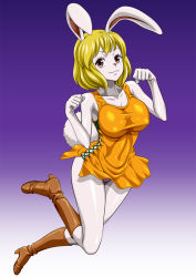 Rule 34 | 1girl, animal ears, bare arms, bare shoulders, blonde hair, boots, breasts, carrot (one piece), covered erect nipples, dress, feet, full body, gradient background, happy, highres, large breasts, legs, looking at viewer, nel-zel formula, one piece, orange dress, pale skin, panties, pantyshot, rabbit ears, rabbit tail, red eyes, short hair, simple background, sleeveless, smile, solo, standing, tail, thighs, underwear