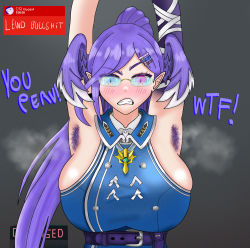 Rule 34 | 1girl, angry, armpit crease, armpit hair, armpits, arms up, bandaged arm, bandages, belt, black belt, blue dress, blue eyes, breasts, buttons, collared dress, double-breasted, dragon girl, dragon tail, dress, eddarxart, embarrassed, fangs, glasses, hair ornament, hairclip, head wings, heterochromia, highres, insulting viewer, large breasts, multicolored eyes, nijisanji, nijisanji en, official alternate costume, official alternate hairstyle, pointy ears, ponytail, pouch, purple eyes, purple hair, purple wings, selen tatsuki, sharp teeth, sideboob, sleeveless, slit pupils, smell, solo, steaming body, streamers, tail, talking, teasing, teeth, upper body, virtual youtuber, wings