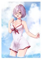 Rule 34 | 1girl, bad id, bad pixiv id, bare arms, bare shoulders, blue sky, blush, breasts, cleavage, cloud, cloudy sky, collarbone, commentary request, day, eyes visible through hair, fate/grand order, fate (series), glasses, hair over one eye, highres, in water, kamura (comera01), large breasts, looking at viewer, mash kyrielight, mash kyrielight (swimsuit of perpetual summer), official alternate costume, one-piece swimsuit, open mouth, outdoors, purple eyes, purple hair, red one-piece swimsuit, short hair, sky, smile, solo, swimsuit, teeth, upper teeth only, wading, water, white one-piece swimsuit