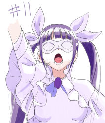 Rule 34 | 1girl, absurdres, arm up, breasts, commentary, english commentary, episode number, eye mask, gregory chen, hair ribbon, headset, highres, idol clothes, kuon nanami, open mouth, paripi koumei, purple hair, ribbon, sidelocks, solo, twintails, upper body