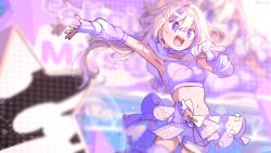 Rule 34 | 1girl, alternate costume, armpits, blonde hair, blurry, blurry background, bow, breasts, capelet, character name, choker, contrapposto, cowboy shot, crop top, detached sleeves, dot nose, facing viewer, fingerless gloves, gloves, hair between eyes, hair ornament, hairclip, holding, holding microphone, idol, idol clothes, lens flare, light particles, looking afar, magia record: mahou shoujo madoka magica gaiden, mahou shoujo madoka magica, microphone, midriff, mitsuki felicia, music, navel, open mouth, outstretched arm, paru rari, purple capelet, purple choker, purple eyes, purple gloves, purple shorts, screen, shorts, singing, small breasts, solo, soul gem, stage, sweat, thighhighs, waist bow, waist cape, wing hair ornament, zettai ryouiki