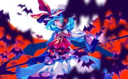 Rule 34 | 1girl, ascot, bat (animal), bat wings, blue hair, fangs, frilled skirt, frills, full moon, hat, hat ribbon, long sleeves, looking at viewer, mob cap, moon, open mouth, outstretched arms, puffy sleeves, red background, red eyes, remilia scarlet, ribbon, shirt, short hair, simple background, skirt, skirt set, smile, solo, spear the gungnir, touhou, vest, wavy hair, wide sleeves, wings, zounose