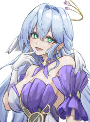 Rule 34 | 1girl, :d, aqua eyes, blue hair, breasts, choker, commentary, detached sleeves, dress, gloves, hair intakes, honkai: star rail, honkai (series), large breasts, long hair, looking at viewer, moppo, open mouth, purple choker, robin (honkai: star rail), short sleeves, simple background, smile, solo, strapless, strapless dress, upper body, very long hair, white background, white gloves