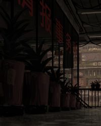 Rule 34 | absurdres, air conditioner, building, commentary, dark, day, english text, flower pot, guweiz, highres, no humans, original, plant, potted plant, railing, scenery, translation request, window