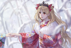 Rule 34 | 1girl, :d, bare tree, blonde hair, blue kimono, blurry, blurry background, blush, depth of field, earrings, elsa (g557744), ereshkigal (fate), eyebrows hidden by hair, fate/grand order, fate (series), floral print, fur collar, hair ribbon, holding hands, infinity symbol, japanese clothes, jewelry, kimono, long hair, long sleeves, obi, open mouth, out of frame, print kimono, red eyes, red kimono, red ribbon, ribbon, sash, smile, snow, snowing, solo focus, teeth, tiara, tree, two side up, upper teeth only, very long hair, wide sleeves