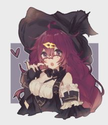 Rule 34 | 1girl, ahoge, blush, border, choker, detached sleeves, dorothy (sinoalice), feathers, glasses, gloves, hair ornament, hairclip, harness, hat, heart, highres, holding, holding heart, long hair, merry-san, open mouth, purple eyes, purple hair, simple background, sinoalice, solo, witch, witch hat