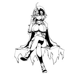 1girl ahoge blush breasts closed_mouth crossed_legs fate/grand_order fate_(series) greyscale highres jeanne_d&#039;arc_(fate) jeanne_d&#039;arc_alter_(avenger)_(fate) jeanne_d&#039;arc_alter_(fate) large_breasts looking_at_viewer monochrome poriuretan simple_background sitting solo tsurime white_background