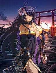 Rule 34 | 1girl, back bow, black choker, black kimono, bow, breasts, choker, cleavage, closed mouth, collarbone, cowboy shot, floating hair, flower, grey eyes, hair flower, hair ornament, hair over one eye, ikkitousen, japanese clothes, kan&#039;u unchou, kimono, large breasts, long hair, long sleeves, looking at viewer, off shoulder, outdoors, purple bow, purple hair, side slit, smile, solo, standing, sunset, torii, very long hair, wide sleeves