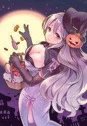Rule 34 | 1girl, adapted costume, basket, bat (animal), black gloves, black hat, black thighhighs, blush, bow, breasts, candy, closed mouth, cross, cross-laced clothes, crown, double bun, dress, dropping, elbow gloves, eyelashes, fence, food, food-themed hair ornament, from above, from behind, gloves, hair bun, hair ornament, halloween, hat, highres, holding, holding basket, jack-o&#039;-lantern, light particles, ling hua, lollipop, long dress, long hair, looking at viewer, looking up, medium breasts, mg kurino, mini crown, moon, night, night sky, pine tree, pink bow, pumpkin hair ornament, purple eyes, purple sky, rune factory, rune factory 4, side slit, silhouette, sky, smile, solo, standing, striped, thighhighs, tree, very long hair, witch hat