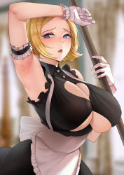 Rule 34 | 1girl, absurdres, apron, arm up, armband, armpits, bare shoulders, black dress, blonde hair, blue eyes, blurry, blurry background, blush, bow, breasts, broom, cleavage, cleavage cutout, clothing cutout, collar, collared dress, covered erect nipples, cowboy shot, d:, dress, forehead, frilled armband, frilled dress, frilled gloves, frills, gloves, heart cutout, heavy breathing, highres, holding, holding broom, indoors, large breasts, looking to the side, maid, medium hair, mute (mute89539160), open mouth, original, revealing clothes, sleeveless, sleeveless dress, solo, suspenders, underboob, underboob cutout, waist apron, waist bow, white bow, white gloves, wiping forehead