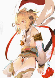 Rule 34 | 10s, 1girl, :o, andira (granblue fantasy), animal ears, bare shoulders, beads, blonde hair, breasts, cleavage cutout, clothing cutout, collar, cowboy shot, cropped legs, detached sleeves, erune, from side, fur trim, granblue fantasy, groin, hagoromo, hair between eyes, hair ornament, leotard, looking at viewer, monkey ears, monkey tail, red eyes, ribbon, shawl, short hair, sideboob, simple background, sketch, small breasts, so-bin, solo, tail, tassel, thighhighs, two side up, white background, white thighhighs
