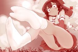 Rule 34 | 1girl, anus, anus only, bare shoulders, blush, bow, closed mouth, detached sleeves, embarrassed, feet, female focus, foot focus, foreshortening, gohei, hair bow, hakurei reimu, highres, japanese clothes, miko, monochrome, no panties, outdoors, red theme, skirt, solo, sweat, tabi, tabiaki (cosy catastrophe), thighs, touhou, wide-eyed
