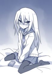 Rule 34 | 1girl, blue background, blush, box, cardigan, closed mouth, elena trafalgar, embarrassed, female focus, flat chest, gradient background, hair between eyes, half-closed eyes, highres, ikune juugo, long hair, long sleeves, looking at viewer, miniskirt, monochrome, neckerchief, nose blush, on bed, original, own hands together, pantyhose, pleated skirt, sailor collar, school uniform, serafuku, simple background, sitting, skirt, sleeves past wrists, solo, sweat, v arms, wariza