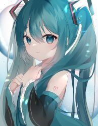 Rule 34 | 1girl, bare shoulders, black sleeves, blue background, blue eyes, blue hair, blue necktie, closed mouth, collared shirt, commentary request, detached sleeves, frilled sleeves, frills, gradient background, hair between eyes, hatsune miku, highres, long hair, long sleeves, looking at viewer, miku day, necktie, shirt, sleeveless, sleeveless shirt, sleeves past wrists, smile, solo, twintails, upper body, very long hair, vocaloid, white shirt, wide sleeves, yuni (irohasuiroiro)