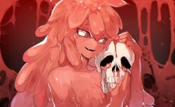 Rule 34 | 1girl, bad id, bad twitter id, commentary, hair between eyes, hands up, holding, holding skull, korean commentary, lobotomy corporation, long hair, looking at viewer, melting love, monster girl, hugging object, parted lips, pink theme, project moon, remsrar, skull, slime girl, smile, solo, upper body, white eyes