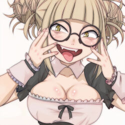 Rule 34 | 1girl, alternate costume, blonde hair, blunt bangs, boku no hero academia, breasts, cleavage, commentary request, detached collar, enmaided, fangs, frilled wrist cuffs, frills, large breasts, maid, messy hair, open mouth, sidelocks, slit pupils, solo, t jiroo (ringofriend), toga himiko, tongue, tongue out, upper body, white background, wrist cuffs, yellow eyes