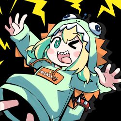 Rule 34 | &gt; o, 1girl, absurdres, amano pikamee, black background, blonde hair, blush stickers, collar, colored inner hair, commentary, dinosaur hood, drawstring, dutch angle, english commentary, green hair, highres, multicolored hair, one eye closed, open mouth, outstretched arms, pineappru, sharp teeth, short hair, smile, solo, sparkle, spiked collar, spikes, spread fingers, teeth, tongue, tongue out, two-tone hair, virtual youtuber, voms
