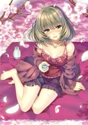 Rule 34 | 1girl, absurdres, alcohol, arm support, bare shoulders, barefoot, blue eyes, bottle, branch, breasts, cherry blossoms, choko (cup), cleavage, cup, drink, fingernails, flower, full body, head tilt, highres, holding, idolmaster, idolmaster cinderella girls, jacket, jewelry, looking at viewer, medium breasts, mole, mole under eye, necklace, off shoulder, open clothes, open jacket, open mouth, petals, piromizu, sake, sake bottle, scan, short hair, simple background, sitting, skirt, smile, solo, takagaki kaede, tokkuri