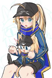 Rule 34 | + +, 2girls, ahoge, animal ear fluff, animal ears, artoria pendragon (fate), baseball cap, black footwear, black headwear, black shorts, blue eyes, blue scarf, boots, cat ears, cat tail, fate/grand carnival, fate (series), hat, highres, invisible chair, jacket, kokumosu, multiple girls, mysterious heroine x (fate), mysterious neko x, projected inset, rojiura satsuki: chapter heroine sanctuary, scarf, shorts, sidelocks, simple background, sitting, sitting on lap, sitting on person, slit pupils, sparkle, sweatdrop, tail, track jacket, white background