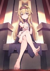 Rule 34 | 1girl, barefoot, black cloak, black dress, blonde hair, brown eyes, cloak, crossed legs, dress, feet, hairband, haoni, legs, little witch nobeta, long hair, looking at viewer, nobeta, official art, outstretched arm, second-party source, short dress, sitting, sleeveless, sleeveless dress, soles, solo, striped clothes, striped dress, thighs, toes, two-tone dress, vertical-striped clothes, vertical-striped dress, white dress