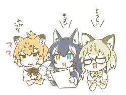 Rule 34 | 10s, animal ears, black hair, blonde hair, blue eyes, bow, bowtie, cat ears, cat tail, elbow gloves, fur collar, glasses, gloves, grey wolf (kemono friends), heterochromia, jaguar (kemono friends), jaguar ears, kemono friends, long hair, margay (kemono friends), multicolored hair, multiple girls, nekota21, open mouth, short hair, sleeveless, tail, translation request, two-tone hair, wolf ears, yellow eyes