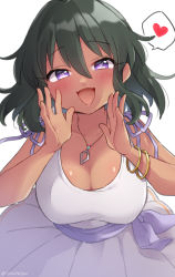 Rule 34 | 1girl, :d, bare arms, blush, bracelet, breasts, cleavage, collarbone, commentary request, dark-skinned female, dark skin, dress, green hair, hair between eyes, hands up, heart, highres, idolmaster, idolmaster cinderella girls, jewelry, large breasts, looking at viewer, medium hair, natalia (idolmaster), necklace, open mouth, pendant, purple eyes, purple ribbon, ribbon, simple background, sleeveless, sleeveless dress, smile, solo, speech bubble, spoken heart, trente, twitter username, upper body, wavy hair, white background, white dress