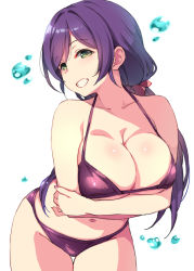 Rule 34 | 1girl, arm under breasts, bikini, breasts, clenched teeth, collarbone, duke (inu daimyou), green eyes, grin, hair ornament, hair scrunchie, large breasts, long hair, looking at viewer, love live!, love live! school idol project, low twintails, navel, purple bikini, purple hair, red scrunchie, scrunchie, simple background, smile, solo, standing, swimsuit, teeth, thigh gap, tojo nozomi, twintails, white background