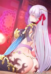 Rule 34 | 1boy, 1girl, ass, blush, breasts, censored, closed eyes, commentary request, earrings, elbow gloves, fate/grand order, fate (series), ginhaha, gloves, gold trim, hair ornament, hair ribbon, hetero, jewelry, kama (fate), kama (second ascension) (fate), kama (third ascension) (fate), large breasts, light purple hair, long hair, patreon username, penis, red ribbon, ribbon, sex, thighhighs, very long hair