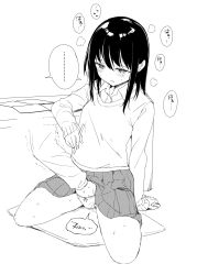 Rule 34 | ..., 1girl, black hair, blush, clothes lift, collared shirt, fingering, greyscale, hand in panties, hand under clothes, hand under skirt, highres, kotatsu, long hair, long sleeves, moaning, monochrome, open mouth, original, panties, pleated skirt, school uniform, seiza, shirt, sitting, skirt, skirt lift, sleeves past wrists, speech bubble, spread legs, suzuki nago, sweater, table, translated, underwear, white shirt