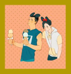 Rule 34 | 2boys, black eyes, black hair, blue pants, blue shirt, character request, chengongzi123, commentary, cropped legs, disney, earbuds, earphones, food, grey hoodie, haikyuu!!, hands up, highres, holding, holding food, holding ice cream, hood, hood down, hoodie, ice cream, ice cream cone, looking at another, male focus, mickey mouse ears, minnie mouse ears, multiple boys, pants, parted lips, pink background, shirt, short hair, sleeves pushed up, symbol-only commentary, undercut, very short hair