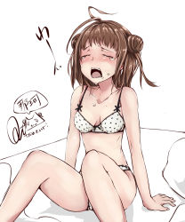 Rule 34 | 10s, 1girl, antenna hair, arms at sides, artist name, bare arms, bare shoulders, bra, breasts, character name, cleavage, collarbone, crying, double bun, closed eyes, kantai collection, knees up, naka (kancolle), navel, panties, polka dot, polka dot bra, polka dot panties, rizzl, short hair, simple background, small breasts, sobbing, solo, speech bubble, stomach, tears, underwear, underwear only, white background, white bra, white panties